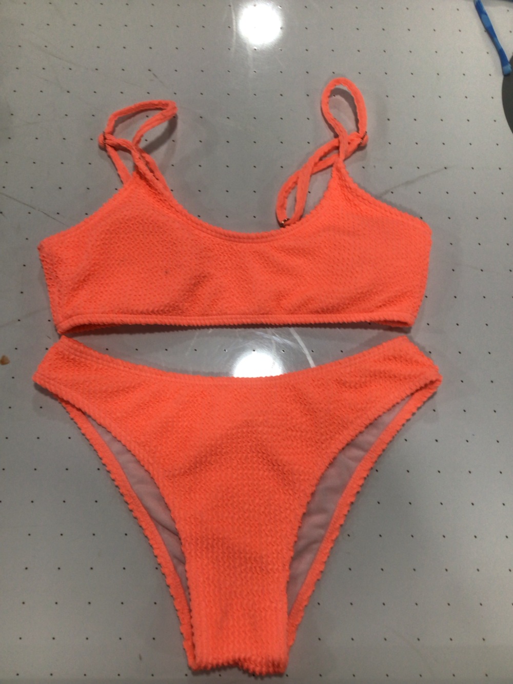 SHEIN Neon Orange Textured Tie-Shoulder Bikini Set